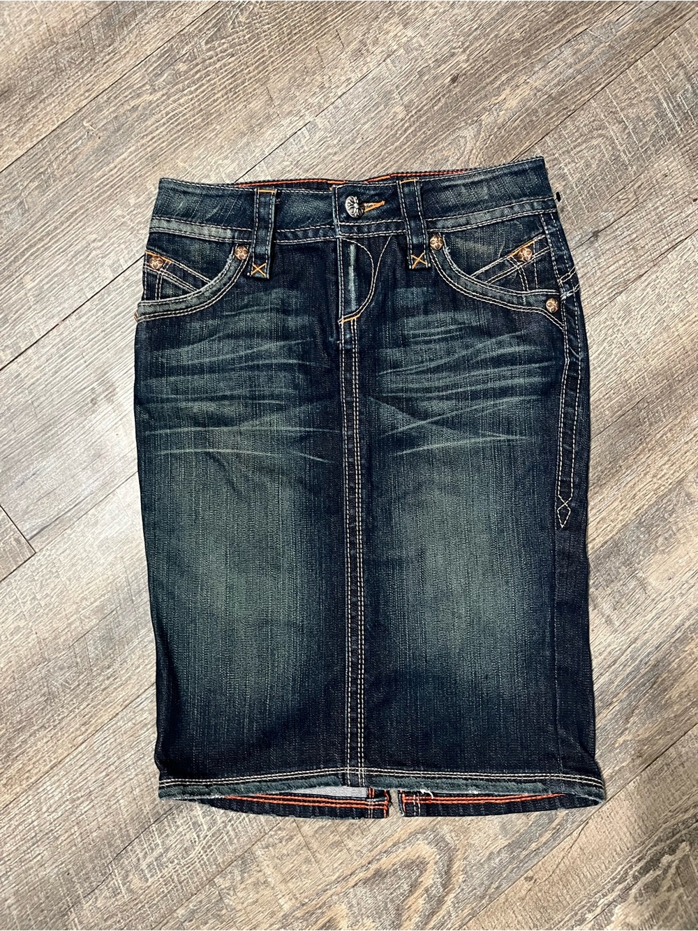 Rock Revival Dark Indigo Denim Skirt with Orange Stitching